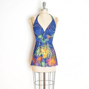 vintage 70s halter top blue fireworks print shirt blouse fourth of july XS S